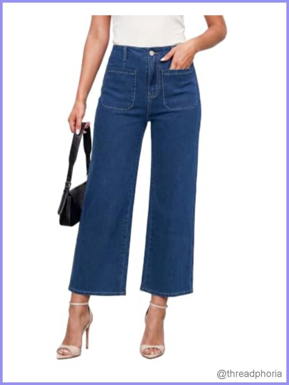 Wide Leg High Waisted Stretch Cropped Denim Jeans for Women with Pockets